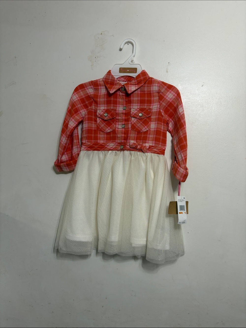 Girls' Coral Plaid Shirt Dress with Cream Tulle Skirt